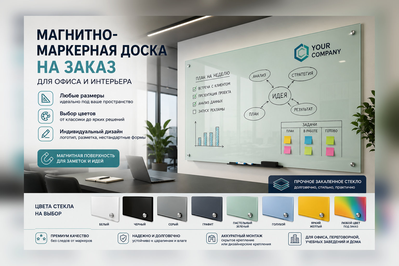 Магнитно-маркерная доска на заказ: размеры, цвета, дизайн